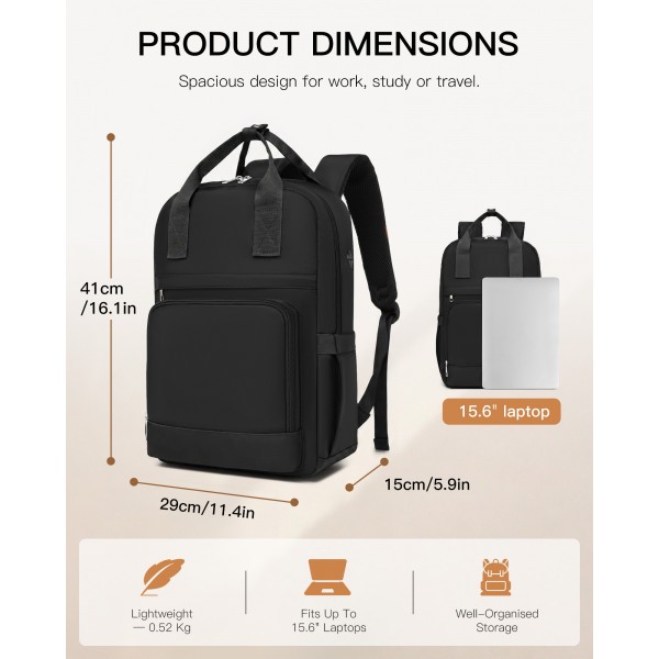 BPK2502 - Kono Klassischer Freizeitrucksack mit Laptopfach und gepolsterten Trägerriemen für tägliche Pendelwege - Schwarz