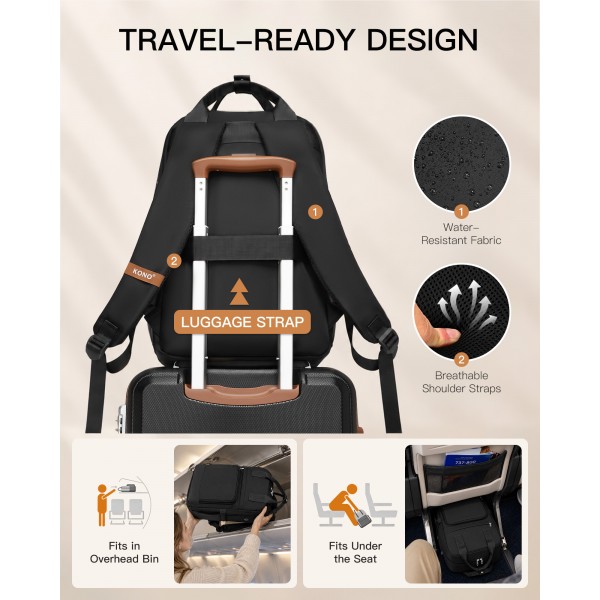 BPK2502 - Kono Klassischer Freizeitrucksack mit Laptopfach und gepolsterten Trägerriemen für tägliche Pendelwege - Schwarz