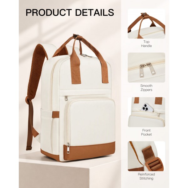 BPK2502 - Kono Casual Contemporary Backpack with Laptop Sleeve & Padded Straps for Daily Commute - Cream and Brown