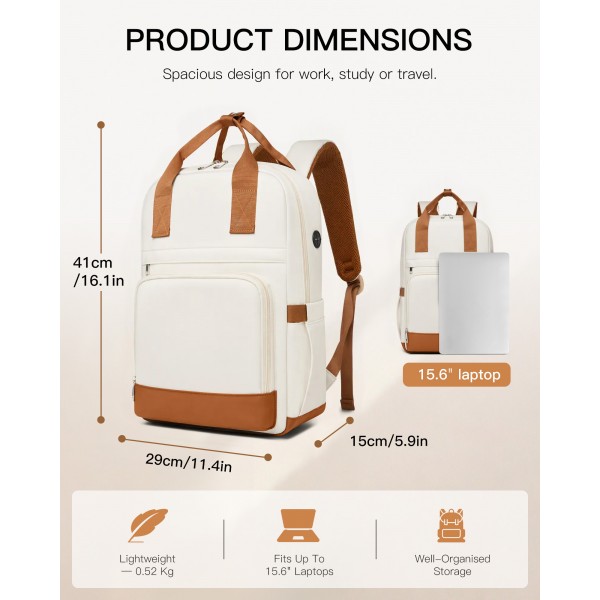 BPK2502 - Kono Casual Contemporary Backpack with Laptop Sleeve & Padded Straps for Daily Commute - Cream and Brown