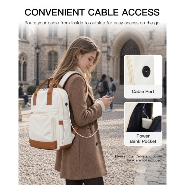 BPK2502 - Kono Casual Contemporary Backpack with Laptop Sleeve & Padded Straps for Daily Commute - Cream and Brown