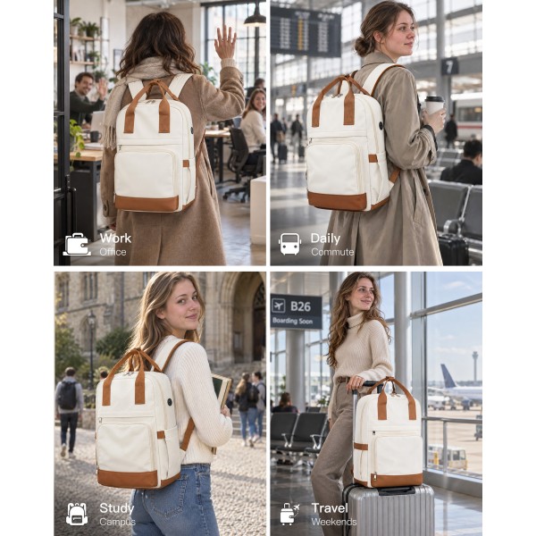 BPK2502 - Kono Casual Contemporary Backpack with Laptop Sleeve & Padded Straps for Daily Commute - Cream and Brown