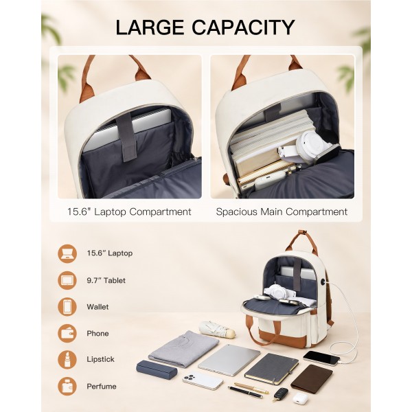 BPK2502 - Kono Casual Contemporary Backpack with Laptop Sleeve & Padded Straps for Daily Commute - Cream and Brown