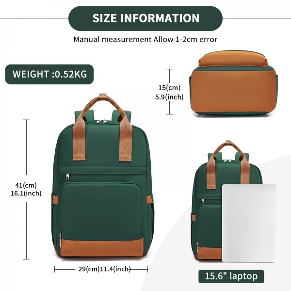 BPK2502 - Kono Casual Contemporary Backpack with Laptop Sleeve & Padded Straps for Daily Commute - Green and Brown