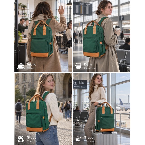 BPK2502 - Kono Casual Contemporary Backpack with Laptop Sleeve & Padded Straps for Daily Commute - Green and Brown