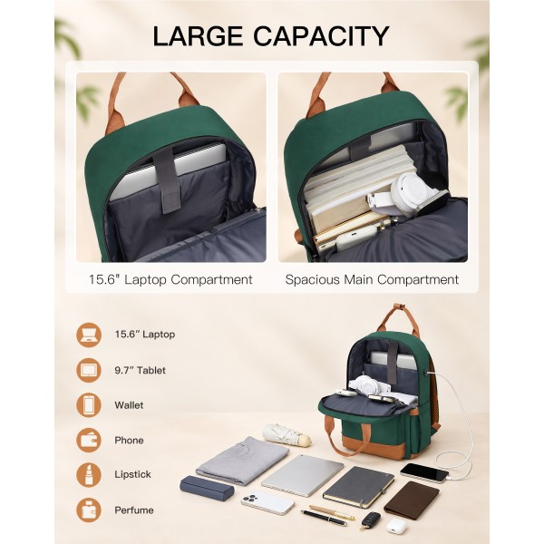 BPK2502 - Kono Casual Contemporary Backpack with Laptop Sleeve & Padded Straps for Daily Commute - Green and Brown