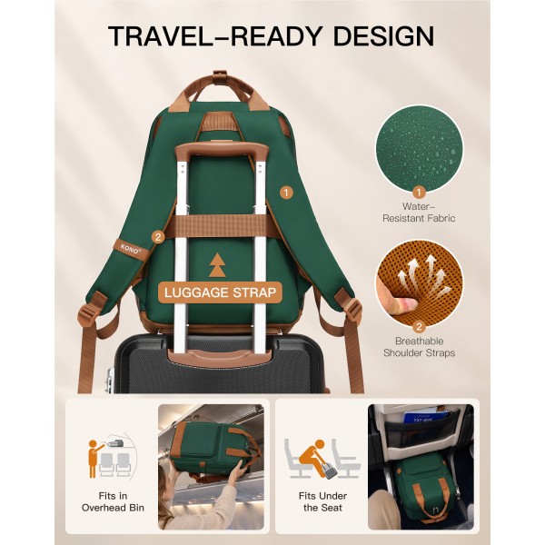 BPK2502 - Kono Casual Contemporary Backpack with Laptop Sleeve & Padded Straps for Daily Commute - Green and Brown