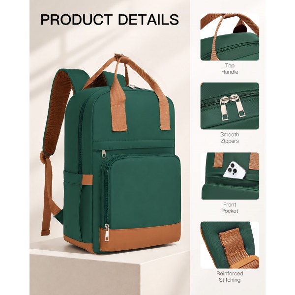 BPK2502 - Kono Casual Contemporary Backpack with Laptop Sleeve & Padded Straps for Daily Commute - Green and Brown