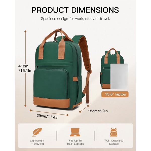 BPK2502 - Kono Casual Contemporary Backpack with Laptop Sleeve & Padded Straps for Daily Commute - Green and Brown