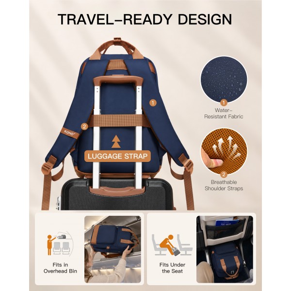 BPK2502 - Kono Klassischer Freizeitrucksack mit Laptopfach und gepolsterten Trägerriemen für tägliche Pendelwege - Marineblau und Braun
