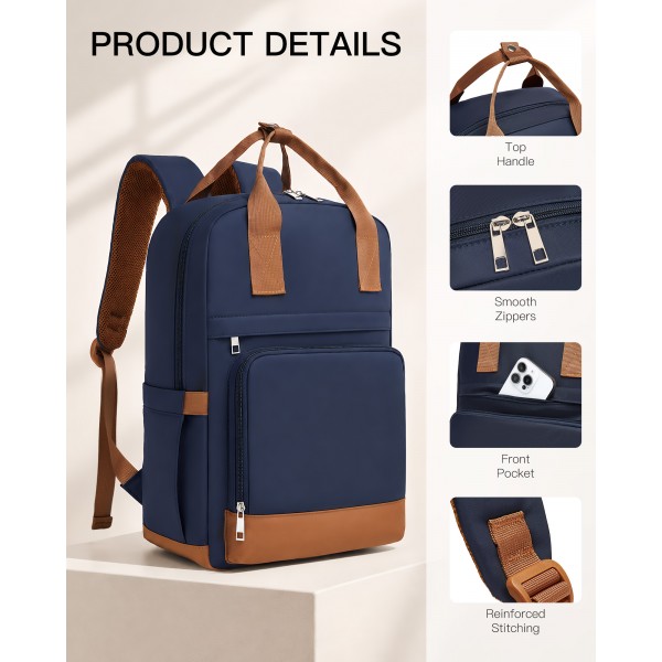 BPK2502 - Kono Klassischer Freizeitrucksack mit Laptopfach und gepolsterten Trägerriemen für tägliche Pendelwege - Marineblau und Braun