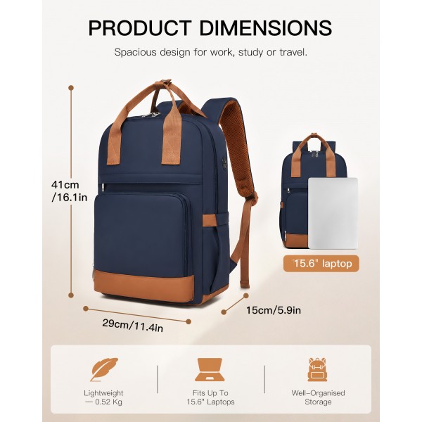 BPK2502 - Kono Klassischer Freizeitrucksack mit Laptopfach und gepolsterten Trägerriemen für tägliche Pendelwege - Marineblau und Braun
