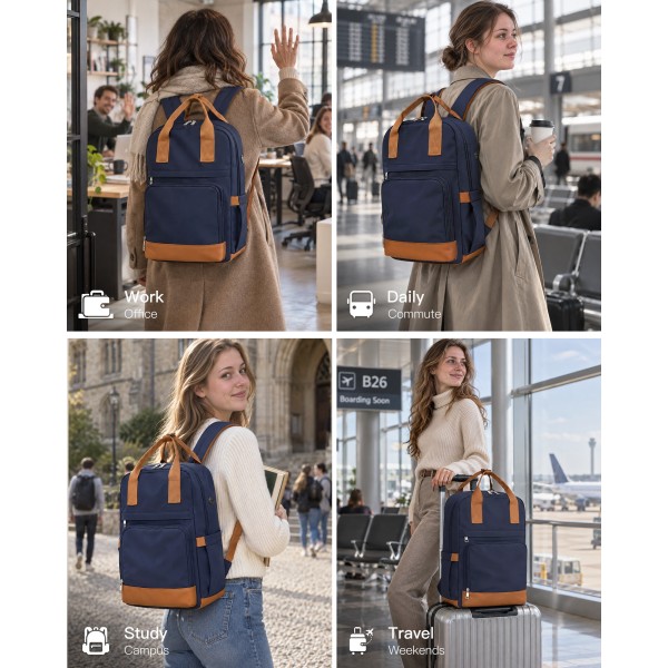 BPK2502 - Kono Klassischer Freizeitrucksack mit Laptopfach und gepolsterten Trägerriemen für tägliche Pendelwege - Marineblau und Braun