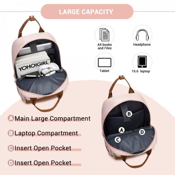 BPK2502 - Kono Klassischer Freizeitrucksack mit Laptopfach und gepolsterten Trägerriemen für tägliche Pendelwege - Rosa und Braun