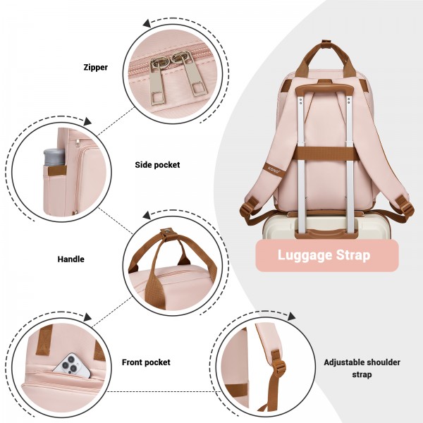 BPK2502 - Kono Klassischer Freizeitrucksack mit Laptopfach und gepolsterten Trägerriemen für tägliche Pendelwege - Rosa und Braun