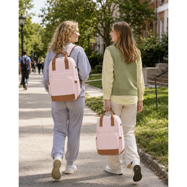 BPK2502 - Kono Casual Contemporary Backpack with Laptop Sleeve & Padded Straps for Daily Commute - Pink and Brown