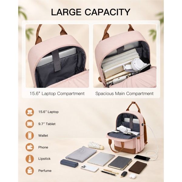 BPK2502 - Kono Casual Contemporary Backpack with Laptop Sleeve & Padded Straps for Daily Commute - Pink and Brown