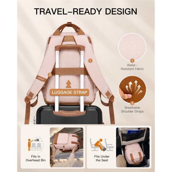 BPK2502 - Kono Casual Contemporary Backpack with Laptop Sleeve & Padded Straps for Daily Commute - Pink and Brown