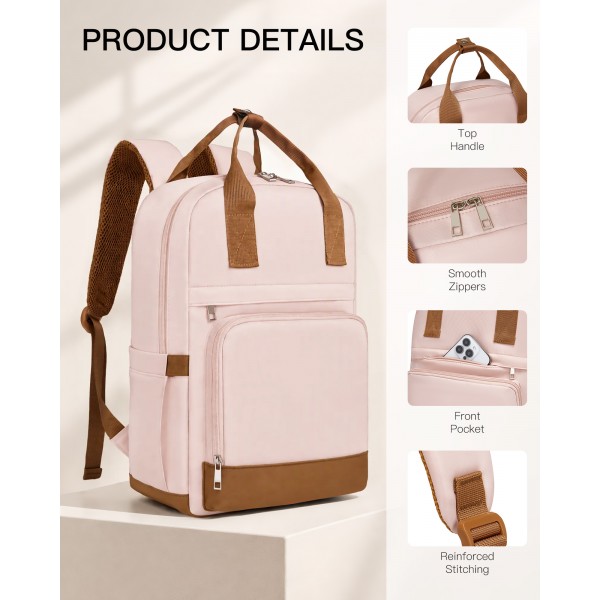 BPK2502 - Kono Casual Contemporary Backpack with Laptop Sleeve & Padded Straps for Daily Commute - Pink and Brown