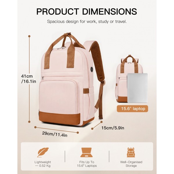 BPK2502 - Kono Casual Contemporary Backpack with Laptop Sleeve & Padded Straps for Daily Commute - Pink and Brown