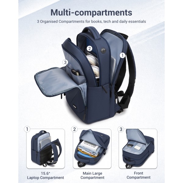 BPK2519 - Kono Laptop Backpack with 15.6" Laptop Compartment, Stylish Commuter Bag with Reflective Straps - Navy