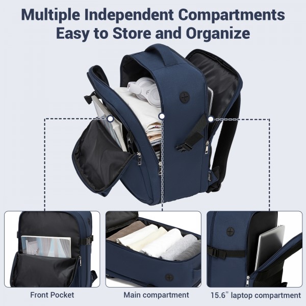 BPK2524 - Kono Spacious and Organised Personal-Item Backpack (40×30×20) with 15.6" Laptop Sleeve, Clamshell Main - Navy