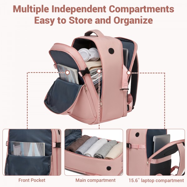 BPK2524 - Kono Spacious and Organised Personal-Item Backpack (40×30×20) with 15.6" Laptop Sleeve, Clamshell Main - Pink