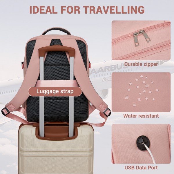 BPK2524 - Kono Spacious and Organised Personal-Item Backpack (40×30×20) with 15.6" Laptop Sleeve, Clamshell Main - Pink