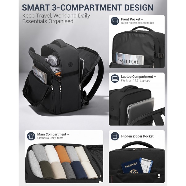 BPK2524L- Kono Verbesserter großer Kabinenrucksack, 32 L, Rucksack für 17,3-Zoll-Laptops mit atmungsaktiven druckentlastenden Gurten und Koffer-Trolleygurt für Geschäftsreisen – Schwarz