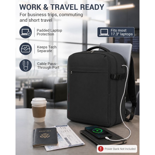 BPK2524L- Kono Verbesserter großer Kabinenrucksack, 32 L, Rucksack für 17,3-Zoll-Laptops mit atmungsaktiven druckentlastenden Gurten und Koffer-Trolleygurt für Geschäftsreisen – Schwarz