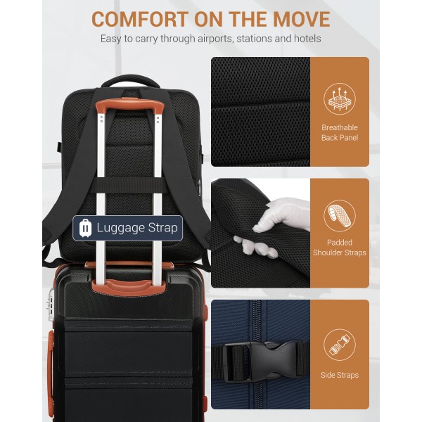 BPK2524L- Kono Verbesserter großer Kabinenrucksack, 32 L, Rucksack für 17,3-Zoll-Laptops mit atmungsaktiven druckentlastenden Gurten und Koffer-Trolleygurt für Geschäftsreisen – Schwarz