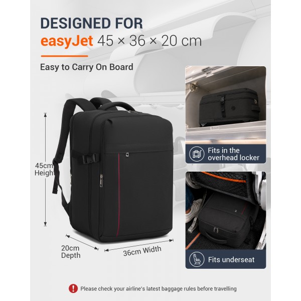 BPK2524L- Kono Verbesserter großer Kabinenrucksack, 32 L, Rucksack für 17,3-Zoll-Laptops mit atmungsaktiven druckentlastenden Gurten und Koffer-Trolleygurt für Geschäftsreisen – Schwarz