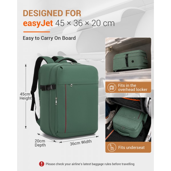 BPK2524L- Kono Verbesserter großer Kabinenrucksack, 32 L, Rucksack für 17,3-Zoll-Laptops mit atmungsaktiven druckentlastenden Gurten und Koffer-Trolleygurt für Geschäftsreisen – Grün