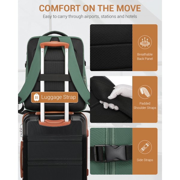 BPK2524L- Kono Verbesserter großer Kabinenrucksack, 32 L, Rucksack für 17,3-Zoll-Laptops mit atmungsaktiven druckentlastenden Gurten und Koffer-Trolleygurt für Geschäftsreisen – Grün