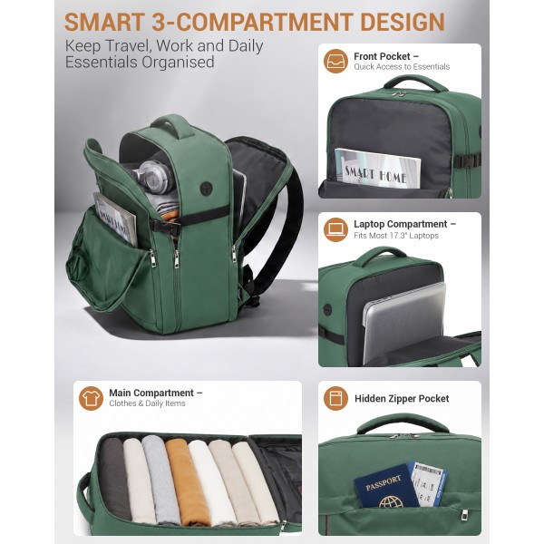 BPK2524L- Kono Verbesserter großer Kabinenrucksack, 32 L, Rucksack für 17,3-Zoll-Laptops mit atmungsaktiven druckentlastenden Gurten und Koffer-Trolleygurt für Geschäftsreisen – Grün