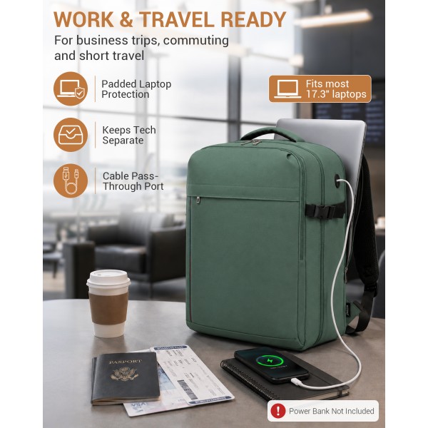 BPK2524L- Kono Verbesserter großer Kabinenrucksack, 32 L, Rucksack für 17,3-Zoll-Laptops mit atmungsaktiven druckentlastenden Gurten und Koffer-Trolleygurt für Geschäftsreisen – Grün