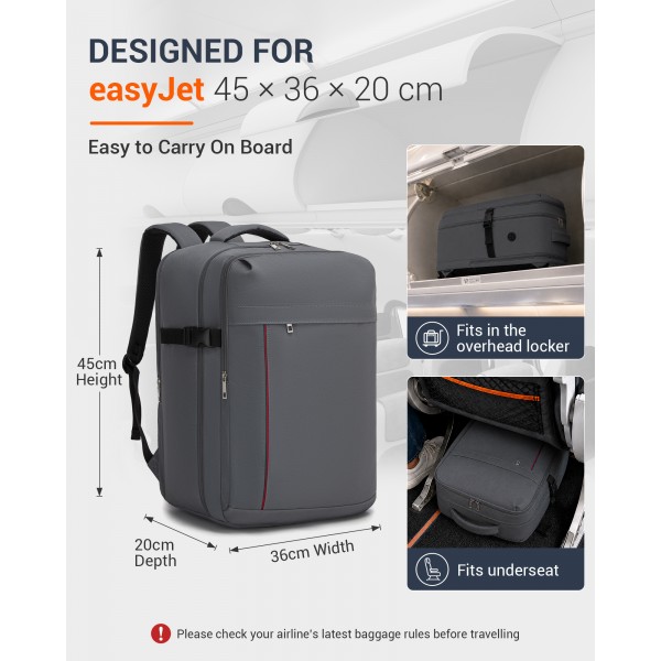 BPK2524L- Kono Verbesserter großer Kabinenrucksack, 32 L, Rucksack für 17,3-Zoll-Laptops mit atmungsaktiven druckentlastenden Gurten und Koffer-Trolleygurt für Geschäftsreisen – Grau