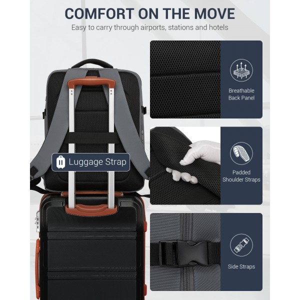 BPK2524L- Kono Verbesserter großer Kabinenrucksack, 32 L, Rucksack für 17,3-Zoll-Laptops mit atmungsaktiven druckentlastenden Gurten und Koffer-Trolleygurt für Geschäftsreisen – Grau