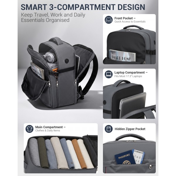 BPK2524L- Kono Verbesserter großer Kabinenrucksack, 32 L, Rucksack für 17,3-Zoll-Laptops mit atmungsaktiven druckentlastenden Gurten und Koffer-Trolleygurt für Geschäftsreisen – Grau