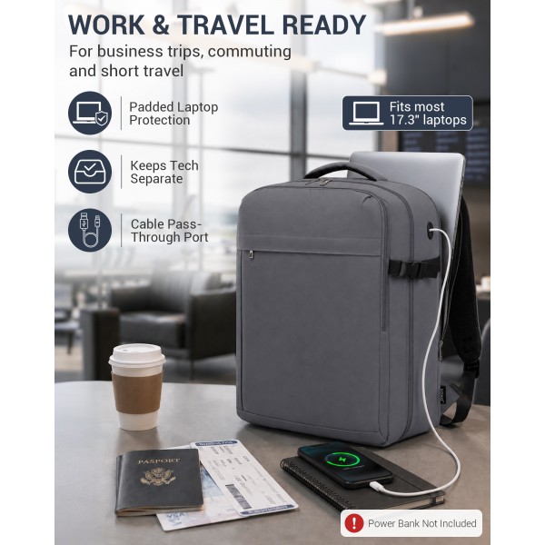BPK2524L- Kono Verbesserter großer Kabinenrucksack, 32 L, Rucksack für 17,3-Zoll-Laptops mit atmungsaktiven druckentlastenden Gurten und Koffer-Trolleygurt für Geschäftsreisen – Grau
