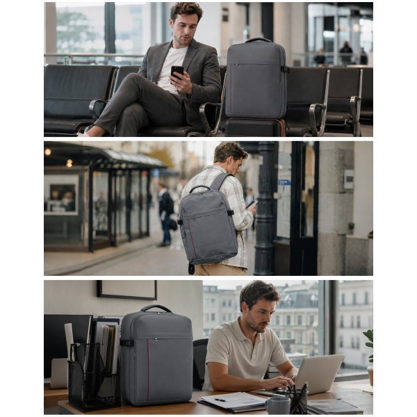 BPK2524L- Kono Verbesserter großer Kabinenrucksack, 32 L, Rucksack für 17,3-Zoll-Laptops mit atmungsaktiven druckentlastenden Gurten und Koffer-Trolleygurt für Geschäftsreisen – Grau