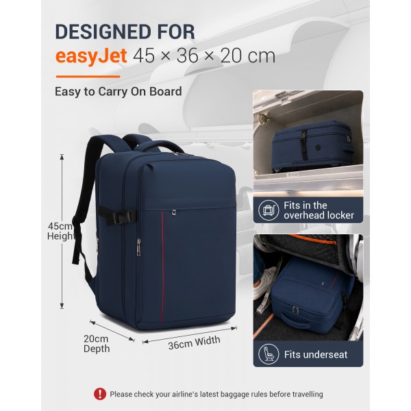 BPK2524L- Kono Verbesserter großer Kabinenrucksack, 32 L, Rucksack für 17,3-Zoll-Laptops mit atmungsaktiven druckentlastenden Gurten und Koffer-Trolleygurt für Geschäftsreisen – Marineblau
