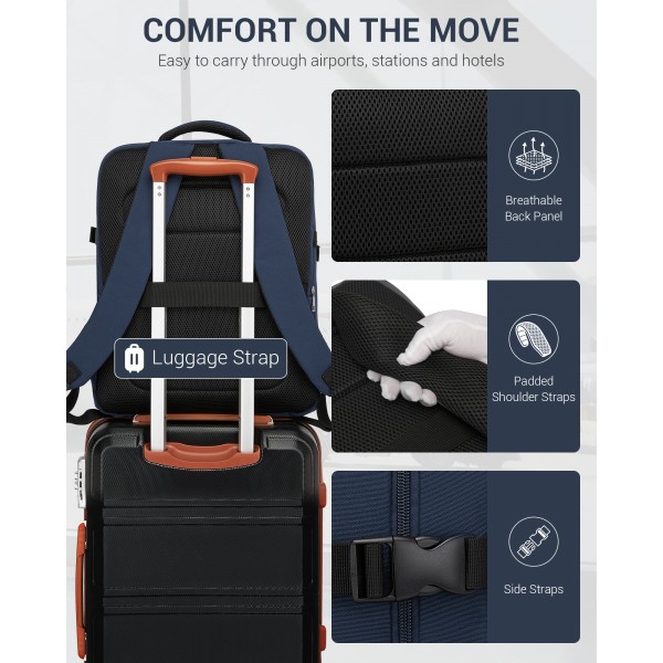 BPK2524L- Kono Verbesserter großer Kabinenrucksack, 32 L, Rucksack für 17,3-Zoll-Laptops mit atmungsaktiven druckentlastenden Gurten und Koffer-Trolleygurt für Geschäftsreisen – Marineblau