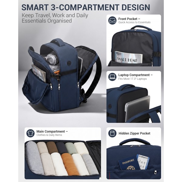 BPK2524L- Kono Verbesserter großer Kabinenrucksack, 32 L, Rucksack für 17,3-Zoll-Laptops mit atmungsaktiven druckentlastenden Gurten und Koffer-Trolleygurt für Geschäftsreisen – Marineblau