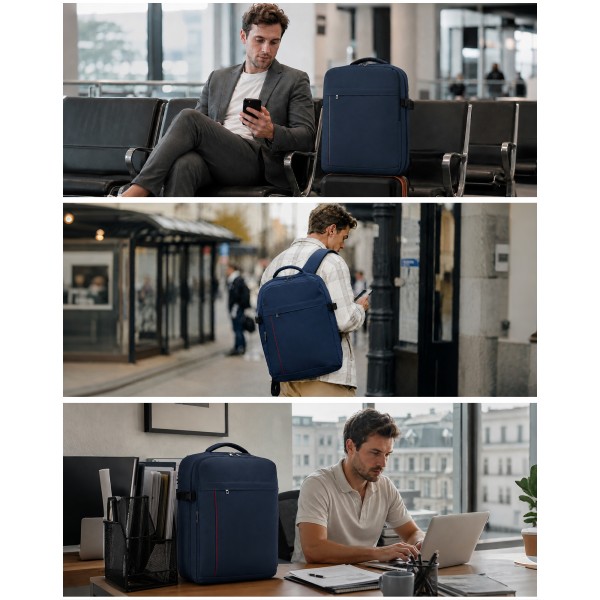 BPK2524L- Kono Verbesserter großer Kabinenrucksack, 32 L, Rucksack für 17,3-Zoll-Laptops mit atmungsaktiven druckentlastenden Gurten und Koffer-Trolleygurt für Geschäftsreisen – Marineblau