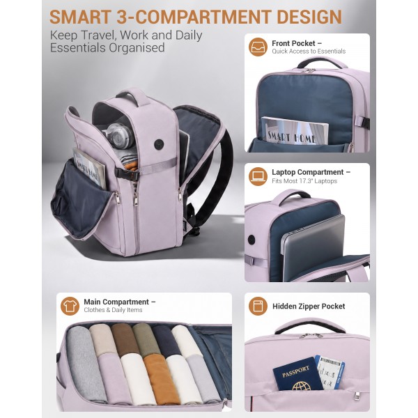 BPK2524L- Kono Verbesserter großer Kabinenrucksack, 32 L, Rucksack für 17,3-Zoll-Laptops mit atmungsaktiven druckentlastenden Gurten und Koffer-Trolleygurt für Geschäftsreisen – Lila