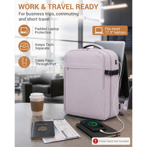 BPK2524L- Kono Verbesserter großer Kabinenrucksack, 32 L, Rucksack für 17,3-Zoll-Laptops mit atmungsaktiven druckentlastenden Gurten und Koffer-Trolleygurt für Geschäftsreisen – Lila