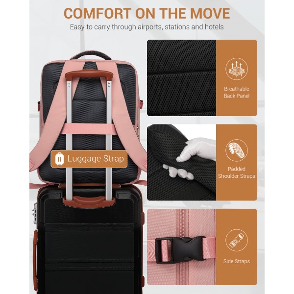 BPK2524L- Kono Verbesserter großer Kabinenrucksack, 32 L, Rucksack für 17,3-Zoll-Laptops mit atmungsaktiven druckentlastenden Gurten und Koffer-Trolleygurt für Geschäftsreisen – Rosa