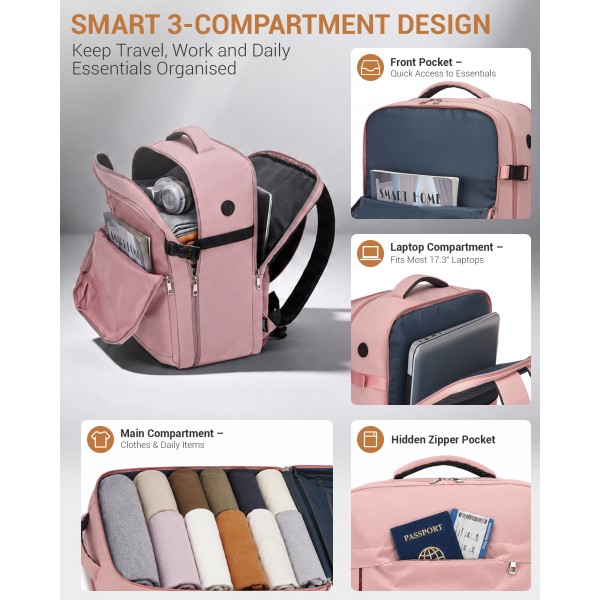 BPK2524L- Kono Verbesserter großer Kabinenrucksack, 32 L, Rucksack für 17,3-Zoll-Laptops mit atmungsaktiven druckentlastenden Gurten und Koffer-Trolleygurt für Geschäftsreisen – Rosa