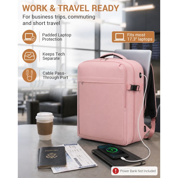 BPK2524L- Kono Verbesserter großer Kabinenrucksack, 32 L, Rucksack für 17,3-Zoll-Laptops mit atmungsaktiven druckentlastenden Gurten und Koffer-Trolleygurt für Geschäftsreisen – Rosa
